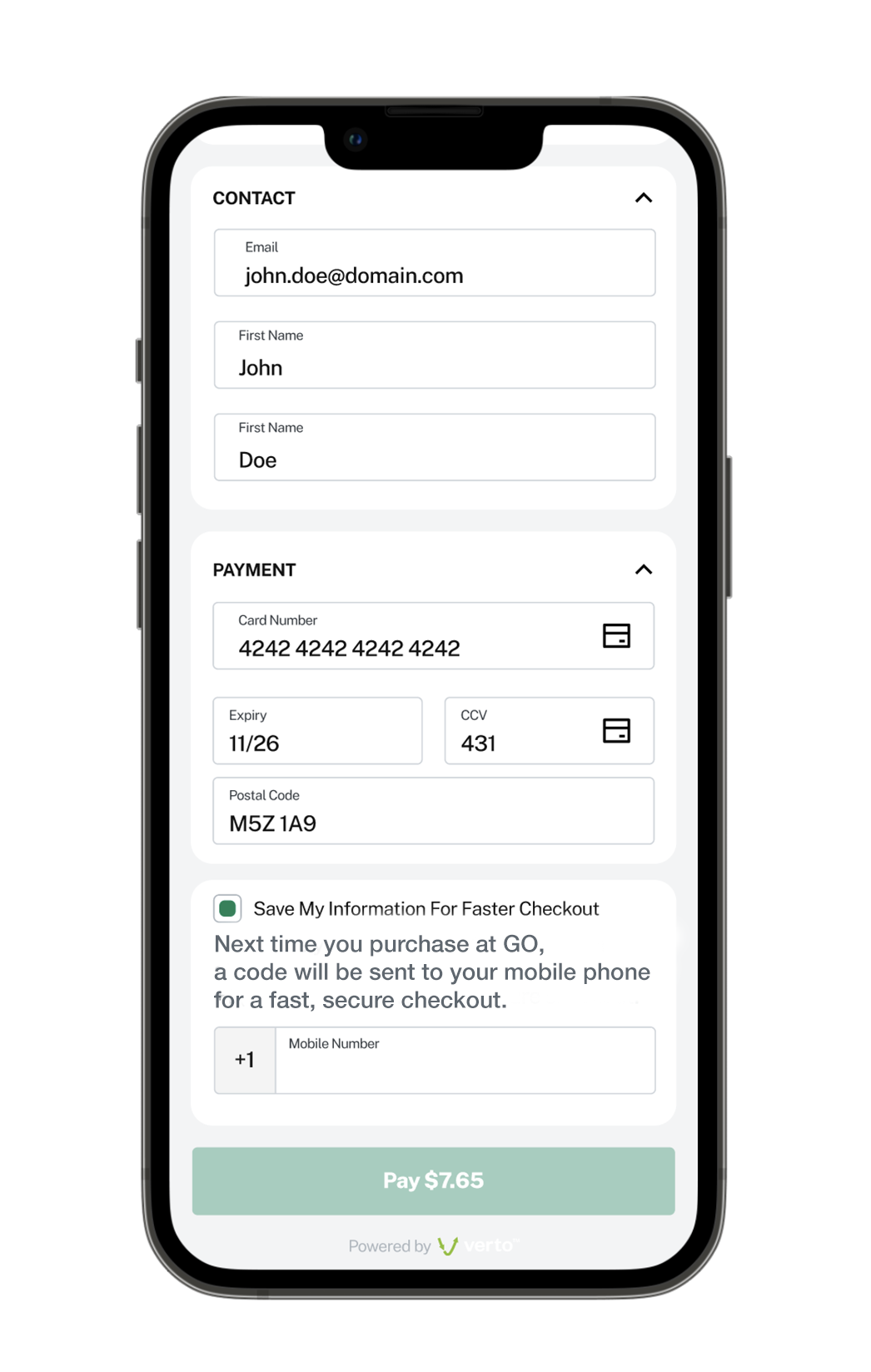 With minimum typing and scrolling, the Rider competes the optimized checkout forms and chooses to save their info.